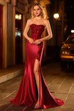Burgundy Mermaid Strapless Sequin Long Prom Dress with Beading