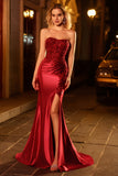 Burgundy Mermaid Strapless Sequin Long Prom Dress with Beading