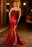 Burgundy Mermaid Strapless Sequin Long Prom Dress with Beading