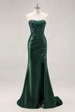 Dark Green Strapless Mermaid Sequin Long Plus Size Prom Dress with Slit