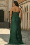 Dark Green Strapless Mermaid Sequin Long Plus Size Prom Dress with Slit