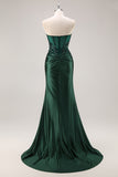 Strapless Mermaid Dark Green Sequin Prom Dress with Slit