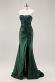 Strapless Mermaid Dark Green Sequin Prom Dress with Slit