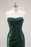 Strapless Mermaid Dark Green Sequin Prom Dress with Slit