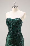 Strapless Mermaid Dark Green Sequin Prom Dress with Slit