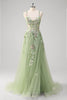 Load image into Gallery viewer, Green A line Spaghetti Straps Appliqued Corset Long Prom Dress With Tulle