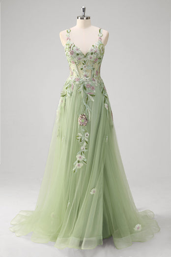 Green A Line Tulle Sequin Applique Corset Long Prom Dress with Slit