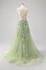 Load image into Gallery viewer, Green A line Spaghetti Straps Appliqued Corset Long Prom Dress With Tulle