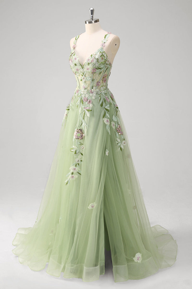 Load image into Gallery viewer, Green A line Spaghetti Straps Appliqued Corset Long Prom Dress With Tulle