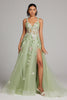 Load image into Gallery viewer, Green A Line Sequin Corset Embroidered Long Prom Dress With Slit