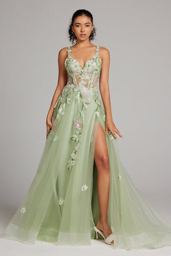 Green A Line Sequin Corset Embroidered Long Prom Dress With Slit