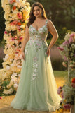 Green A line Appliqued Plus Size Tulle Long Corset Prom Dress with Slit