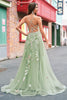 Load image into Gallery viewer, Green A line Spaghetti Straps Appliqued Corset Long Prom Dress With Tulle