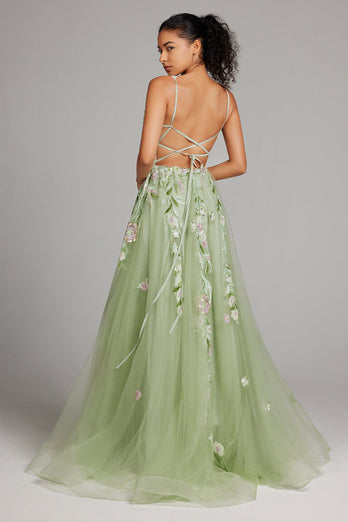 Green A Line Sequin Corset Embroidered Long Prom Dress With Slit