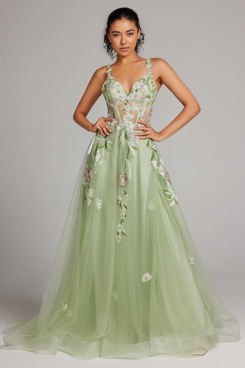 Load image into Gallery viewer, Green A Line Sequin Corset Embroidered Long Prom Dress With Slit