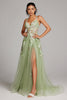 Load image into Gallery viewer, Green A Line Sequin Corset Embroidered Long Prom Dress With Slit