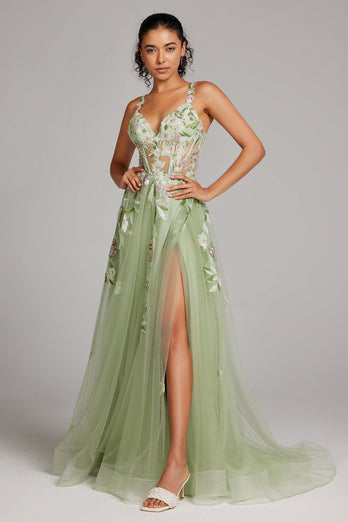 Green A Line Sequin Corset Embroidered Long Prom Dress With Slit