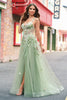 Load image into Gallery viewer, Green A Line Tulle Sequin Applique Corset Long Prom Dress with Slit