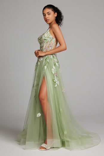 Green A Line Sequin Corset Embroidered Long Prom Dress With Slit