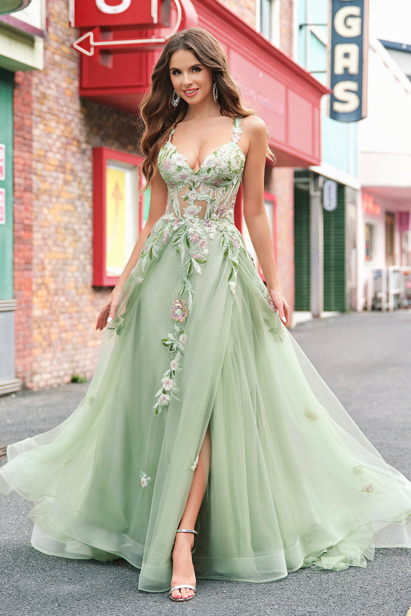 Load image into Gallery viewer, Green A Line Tulle Sequin Applique Corset Long Prom Dress with Slit