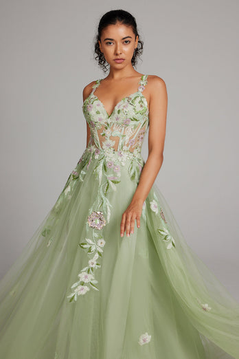 Green A Line Sequin Corset Embroidered Long Prom Dress With Slit