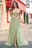 Load image into Gallery viewer, Green A Line Tulle Sequin Applique Corset Long Prom Dress with Slit