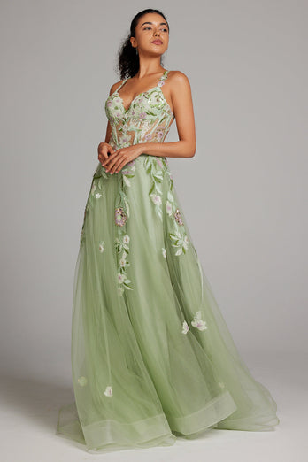 Green A Line Sequin Corset Embroidered Long Prom Dress With Slit