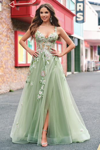 Green A Line Tulle Sequin Applique Corset Long Prom Dress with Slit