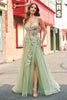 Load image into Gallery viewer, Green A Line Tulle Sequin Applique Corset Long Prom Dress with Slit