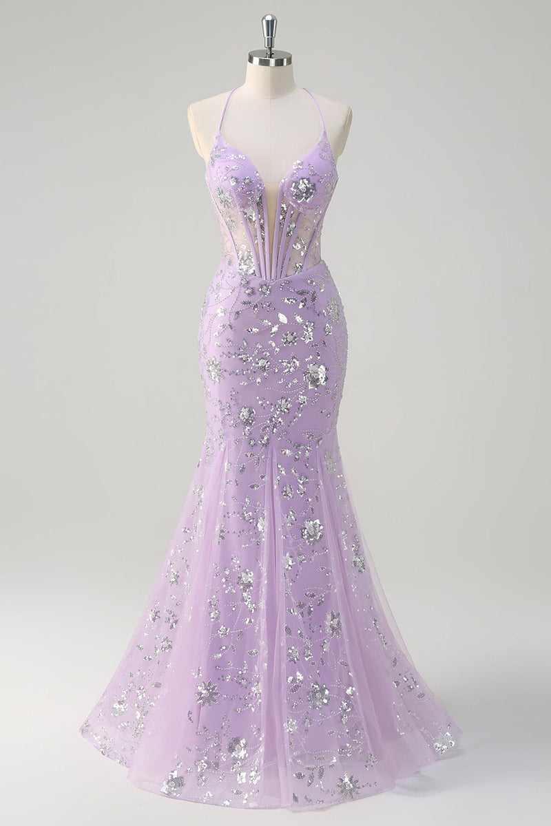 Load image into Gallery viewer, Sparkly Lilac Mermaid Sheer Corset Sequin Prom Dress with Lace Up Back