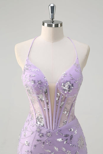 Sparkly Lilac Mermaid Sheer Corset Sequin Prom Dress with Lace Up Back