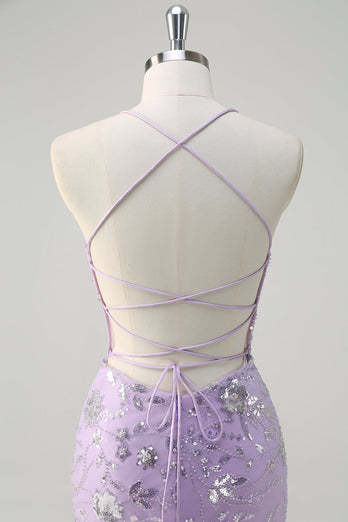 Sparkly Lilac Mermaid Sheer Corset Sequin Prom Dress with Lace Up Back