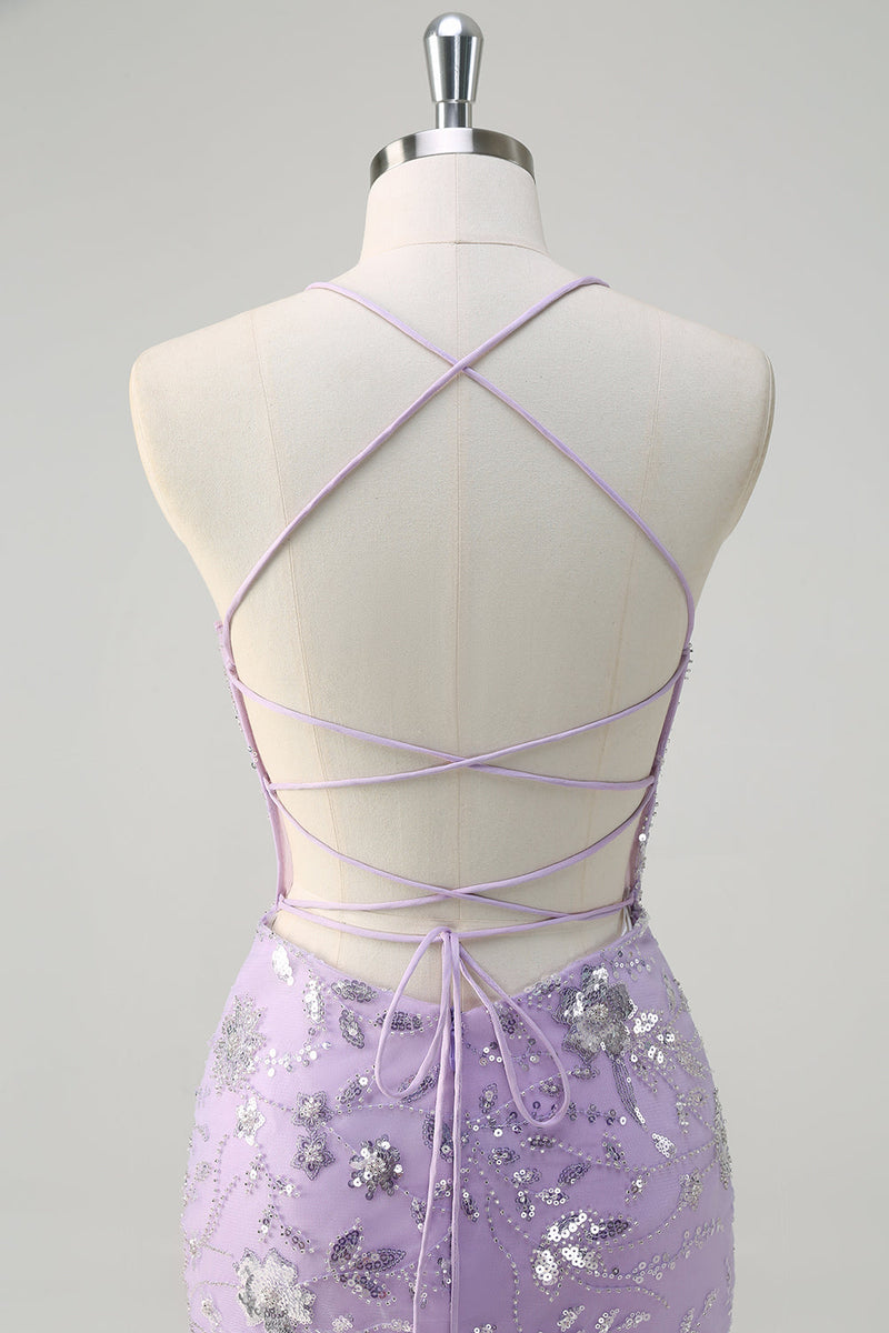 Load image into Gallery viewer, Sparkly Lilac Mermaid Sheer Corset Sequin Prom Dress with Lace Up Back