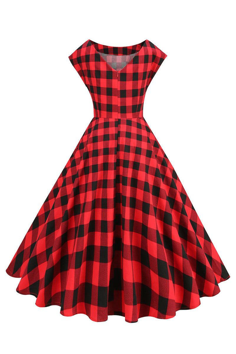 Load image into Gallery viewer, Red and Black Plaid A-Line V-Neck 1950s Dress