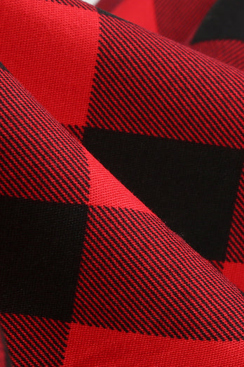 Red and Black Plaid A-Line V-Neck 1950s Dress