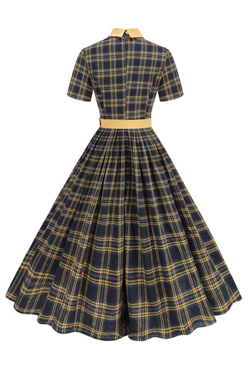 Black Plaid A-Line Peter Pan Collar Midi 1950s Dress