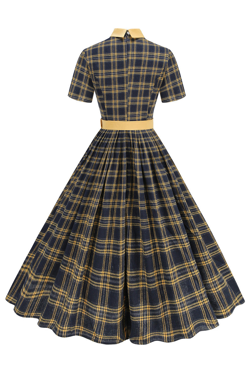 Load image into Gallery viewer, Black Plaid A-Line Peter Pan Collar Midi 1950s Dress