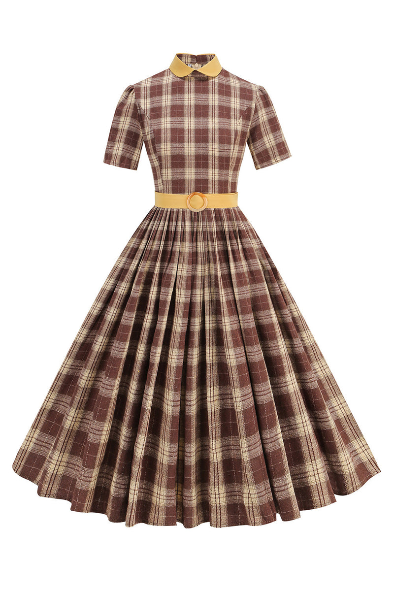 Load image into Gallery viewer, Black Plaid A-Line Peter Pan Collar Midi 1950s Dress