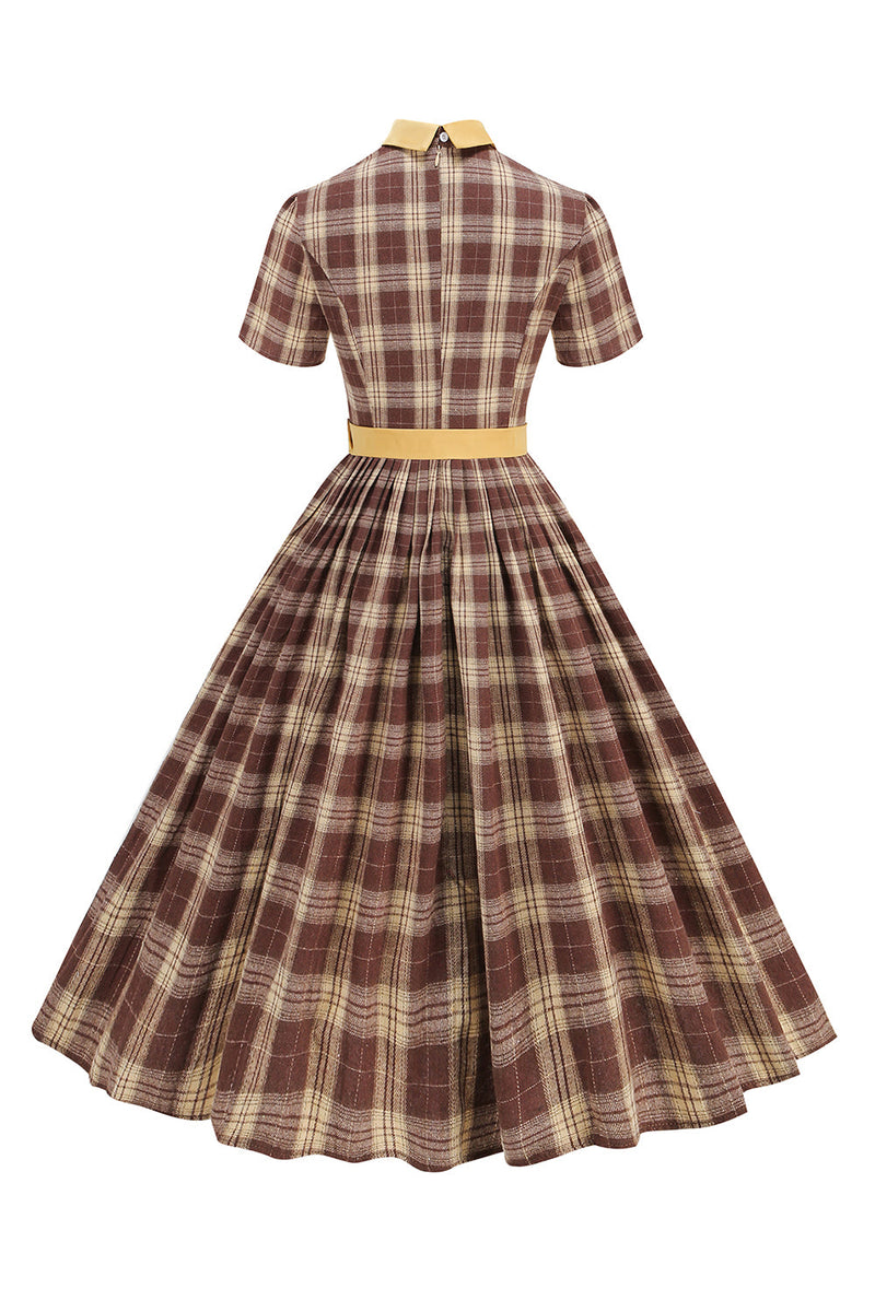 Load image into Gallery viewer, Black Plaid A-Line Peter Pan Collar Midi 1950s Dress