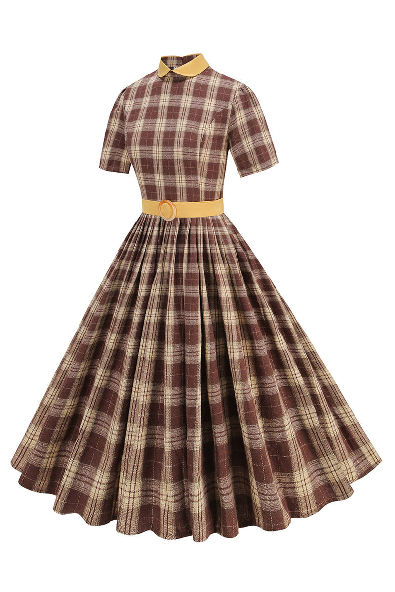 Load image into Gallery viewer, Black Plaid A-Line Peter Pan Collar Midi 1950s Dress