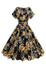 Load image into Gallery viewer, Black Rose Printed A-Line Boat Neck Midi 1950s Dress