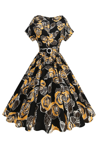 Black Rose Printed A-Line Boat Neck Midi 1950s Dress