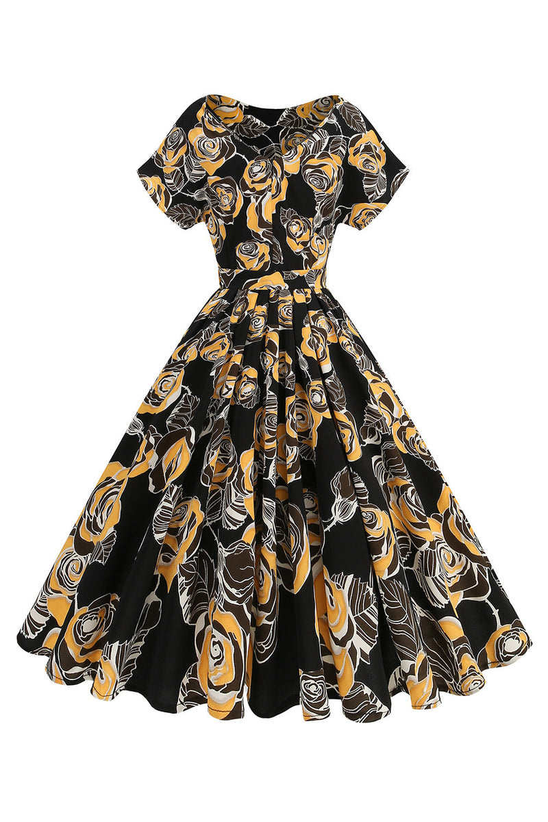 Load image into Gallery viewer, Black Rose Printed A-Line Boat Neck Midi 1950s Dress