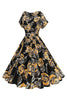 Load image into Gallery viewer, Black Rose Printed A-Line Boat Neck Midi 1950s Dress