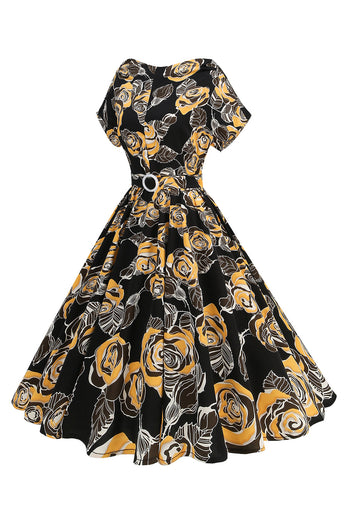 Black Rose Printed A-Line Boat Neck Midi 1950s Dress