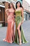 Mermaid Army Green Corset Lace Up Back Long Prom Dress with Slit