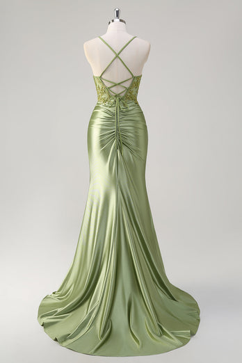 Mermaid Army Green Corset Lace Up Back Long Prom Dress with Slit