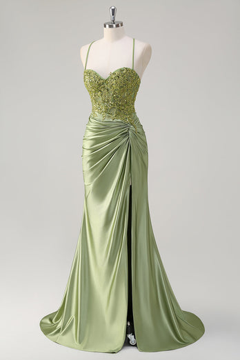 Sparkly Army Green Mermaid Corset Long Prom Dress with Slit