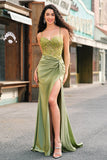 Mermaid Army Green Corset Lace Up Back Long Prom Dress with Slit