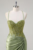 Load image into Gallery viewer, Sparkly Army Green Mermaid Corset Long Prom Dress with Slit